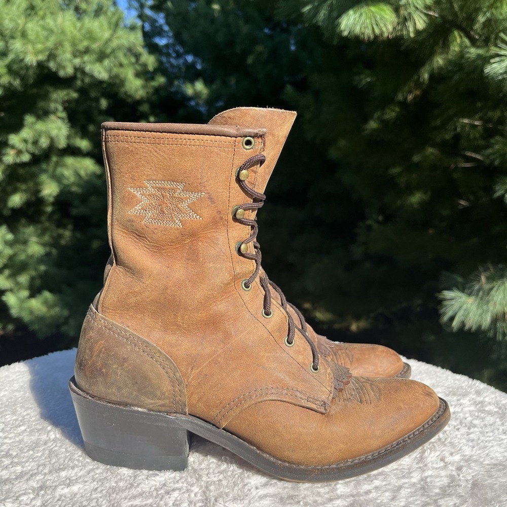 Vintage Abilene Packer Kiltie Boot Womens 7 B Brown Leather Granny Western Aztec